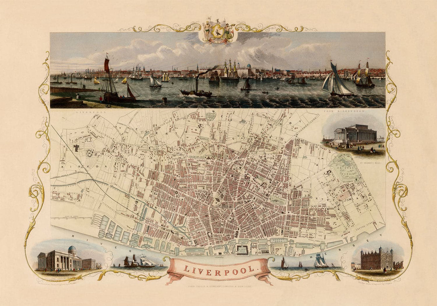 Old Colour Map of Liverpool by Tallis & Rapkin, 1851 - Docks, Mersey, City Centre