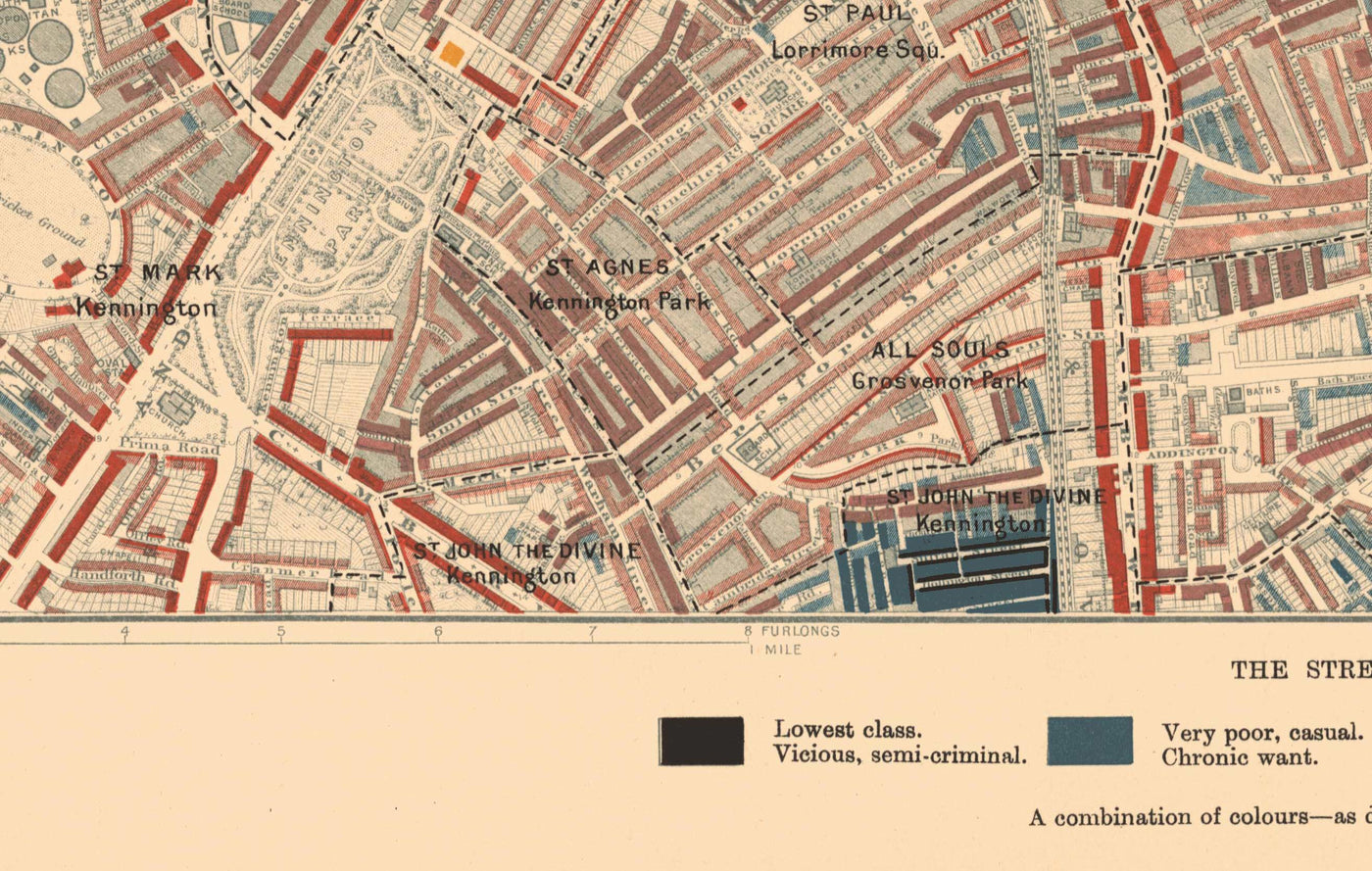 Map of London Poverty 1898-9, Inner Southern, by Charles Booth - Southwark, Waterloo, London Bridge, Camberwell, Peckham, Bermondsey - SE1, SE11, SE17, SE16, SE15