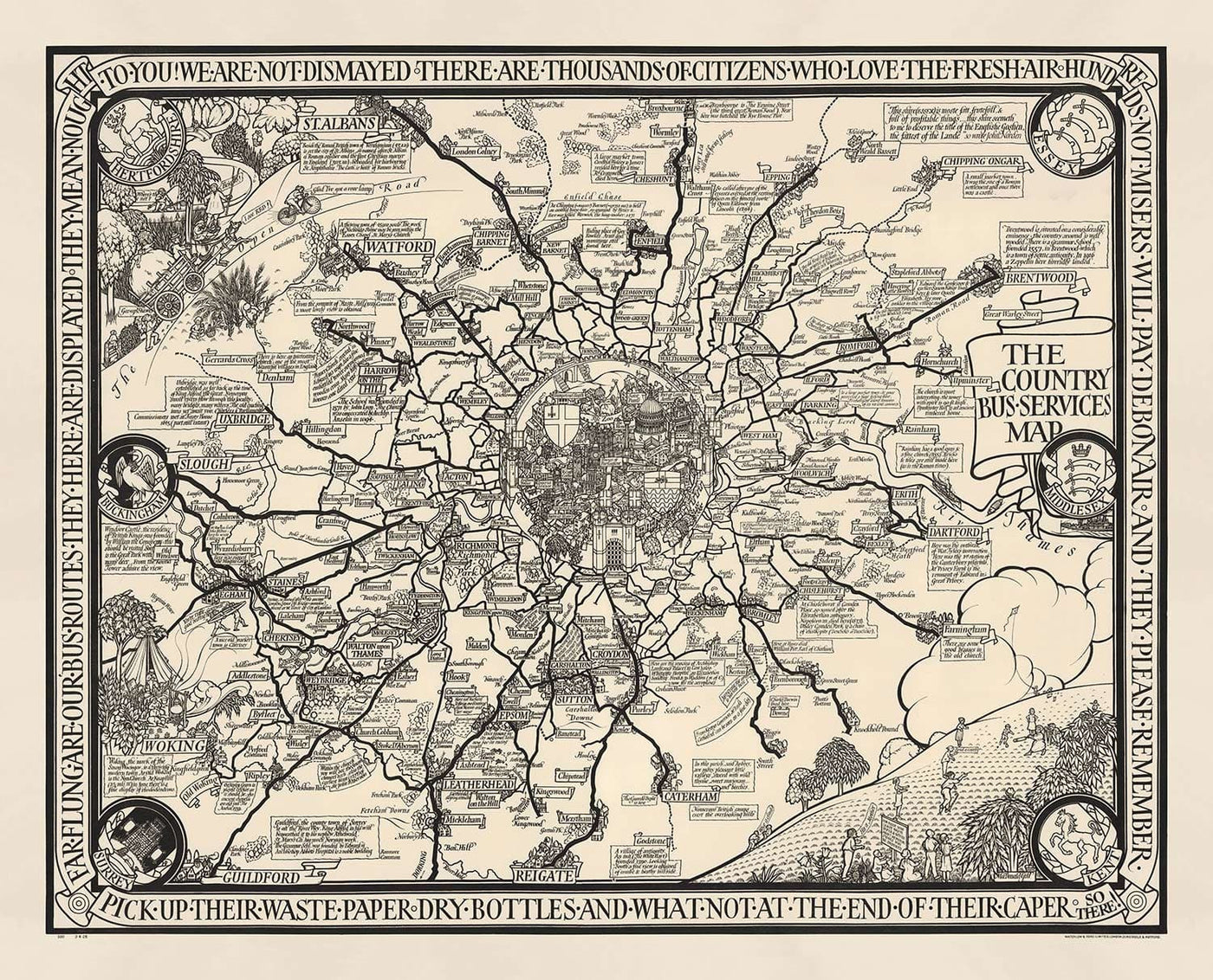 Old Monochrome Map of London, Suburbs & Commuter Belt by Max Gill in 1928 - "Far flung are our bus routes"