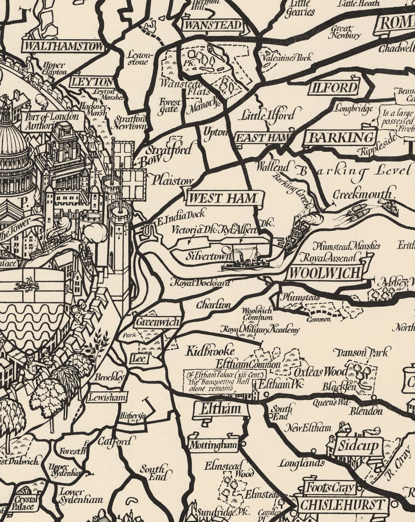 Old Monochrome Map of London, Suburbs & Commuter Belt by Max Gill in 1928 - "Far flung are our bus routes"