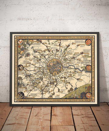 Une ancienne carte pictoriale de Londres, de la banlieue et de la ceinture de banlieue, 1928, par Max Gill - "Long Blung sont nos itinéraires de bus"