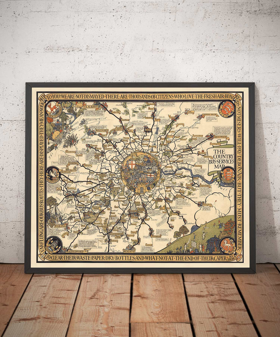 Vecchia mappa pittorica di Londra, sobborghi e cintura dei pendolari, 1928, di Max Gill - "Lontane sono le nostre linee di autobus" 