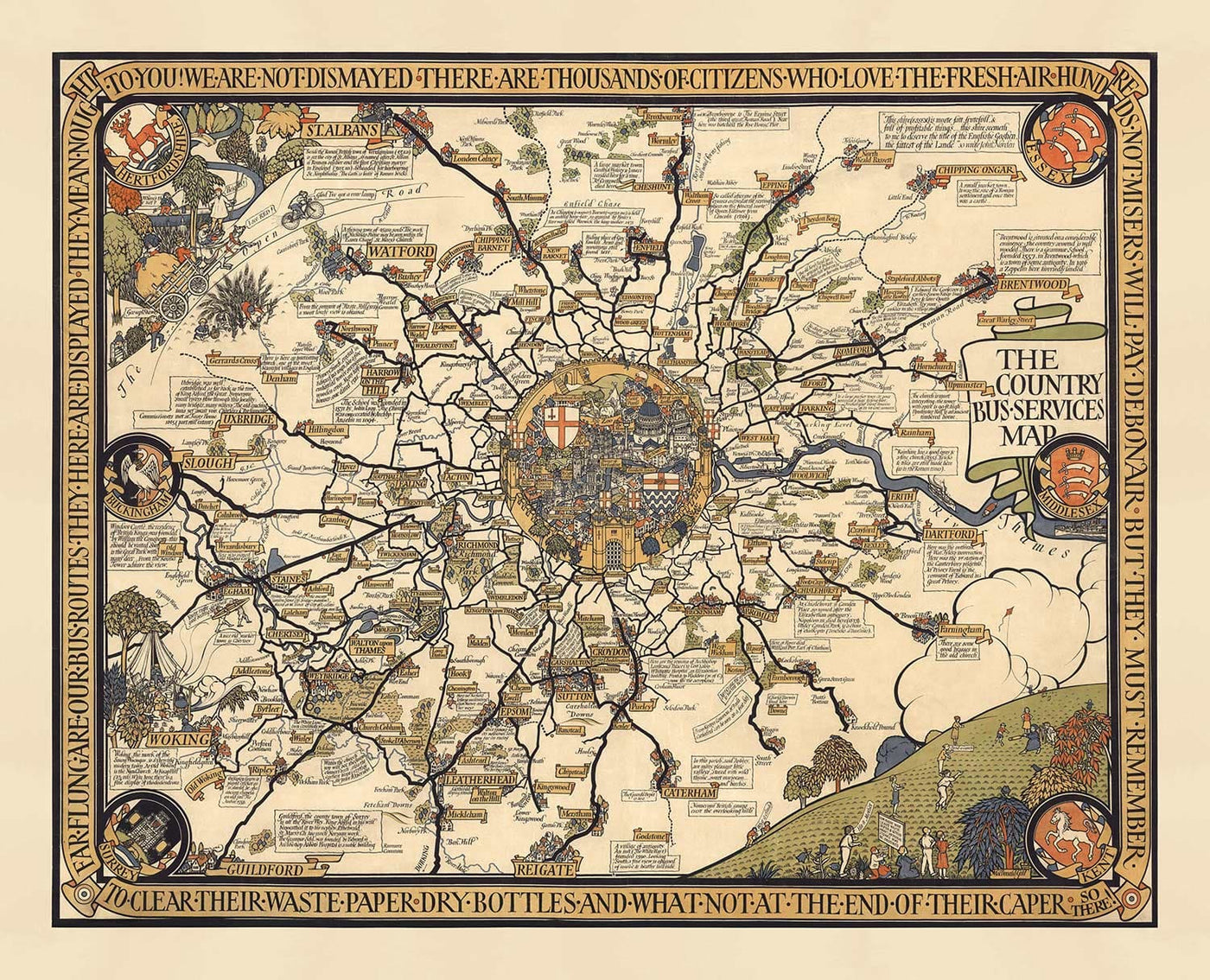 Old Pictorial Map of London, Suburbs & Commuter Belt, 1928, by Max Gill - "Far flung are our bus routes"