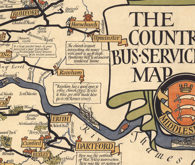 Old Pictorial Map of London, Suburbs & Commuter Belt, 1928, by Max Gill - "Far flung are our bus routes"