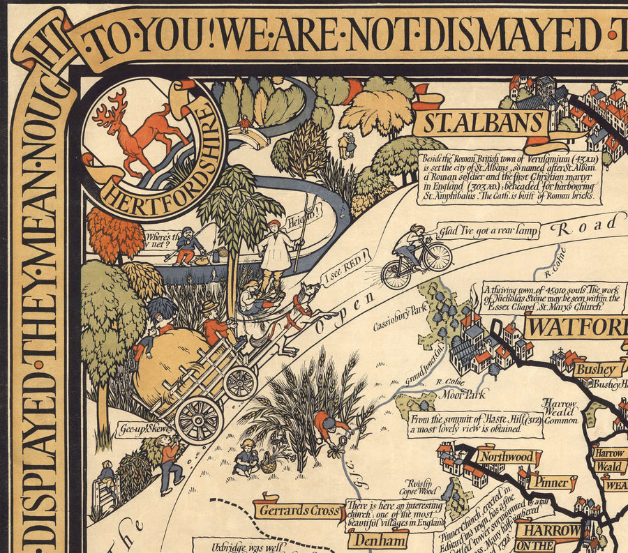 Vecchia mappa pittorica di Londra, sobborghi e cintura dei pendolari, 1928, di Max Gill - "Lontane sono le nostre linee di autobus" 