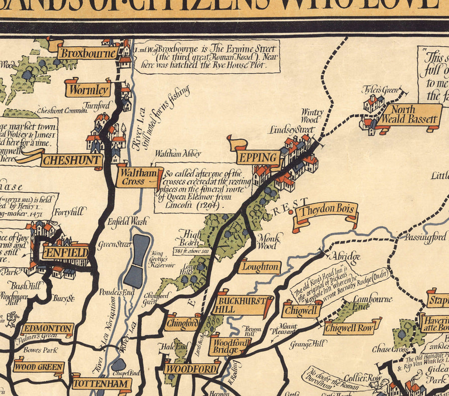 Vecchia mappa pittorica di Londra, sobborghi e cintura dei pendolari, 1928, di Max Gill - "Lontane sono le nostre linee di autobus" 