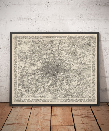 Mappa antica di Londra e sobborghi, dintorni di G.W. Colton, 1886 