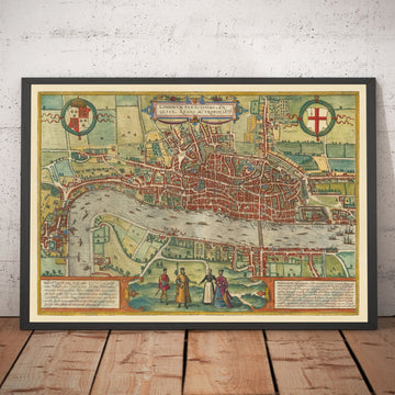 Mappa molto antica di Londra, 1572 di Georg Braun - Città di Londra, Westminster, Southwark 