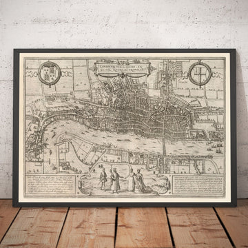 Mappa molto antica di Londra, 1572 di Georg Braun - Città di Londra, Westminster, Southwark 