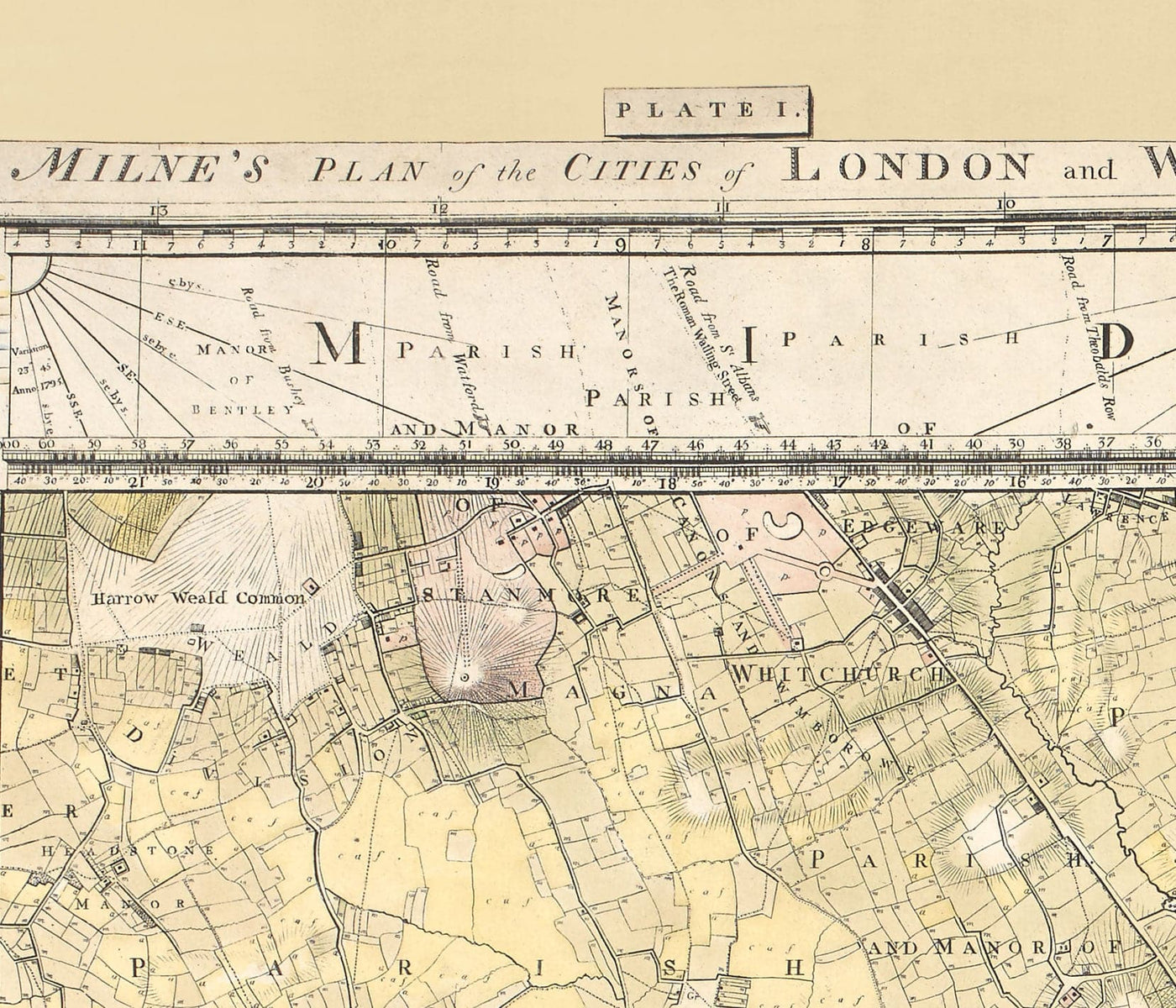 Rare Old Map of London and Suburbs, 1799 by Milne - City, Hackney, Westminster, Dalston, Hampstead, Fields
