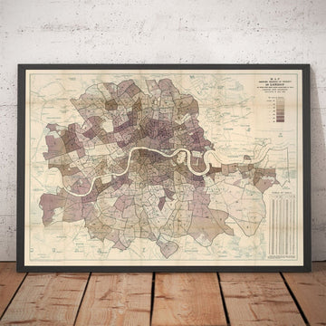 Carte de la pauvreté à Londres, 1889 par Charles Booth - Centre, Sud, Ouest, Nord, Est - Ancienne carte murale de la ville historique