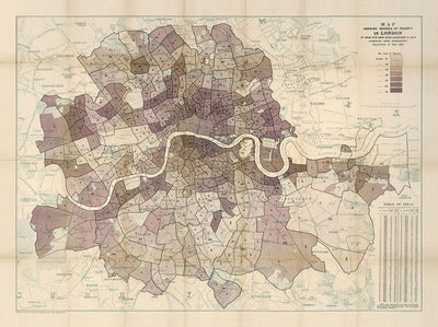 London Poverty Map, 1889 by Charles Booth - Central, South, West, North, East - Old Historic City Wall Chart