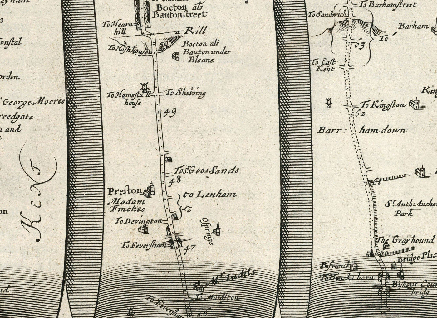 Old Road Map of London to Dover, 1675 by John Ogilby - Historic Kent A2 Travel Map