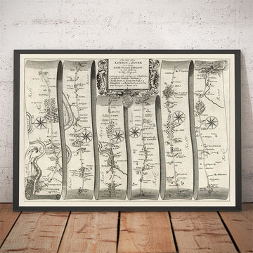 Old Road Map of London to Dover, 1675 by John Ogilby - Historic Kent A2 Travel Map