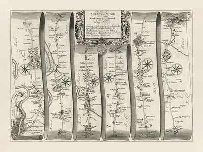 Old Road Map of London to Dover, 1675 by John Ogilby - Historic Kent A2 Travel Map