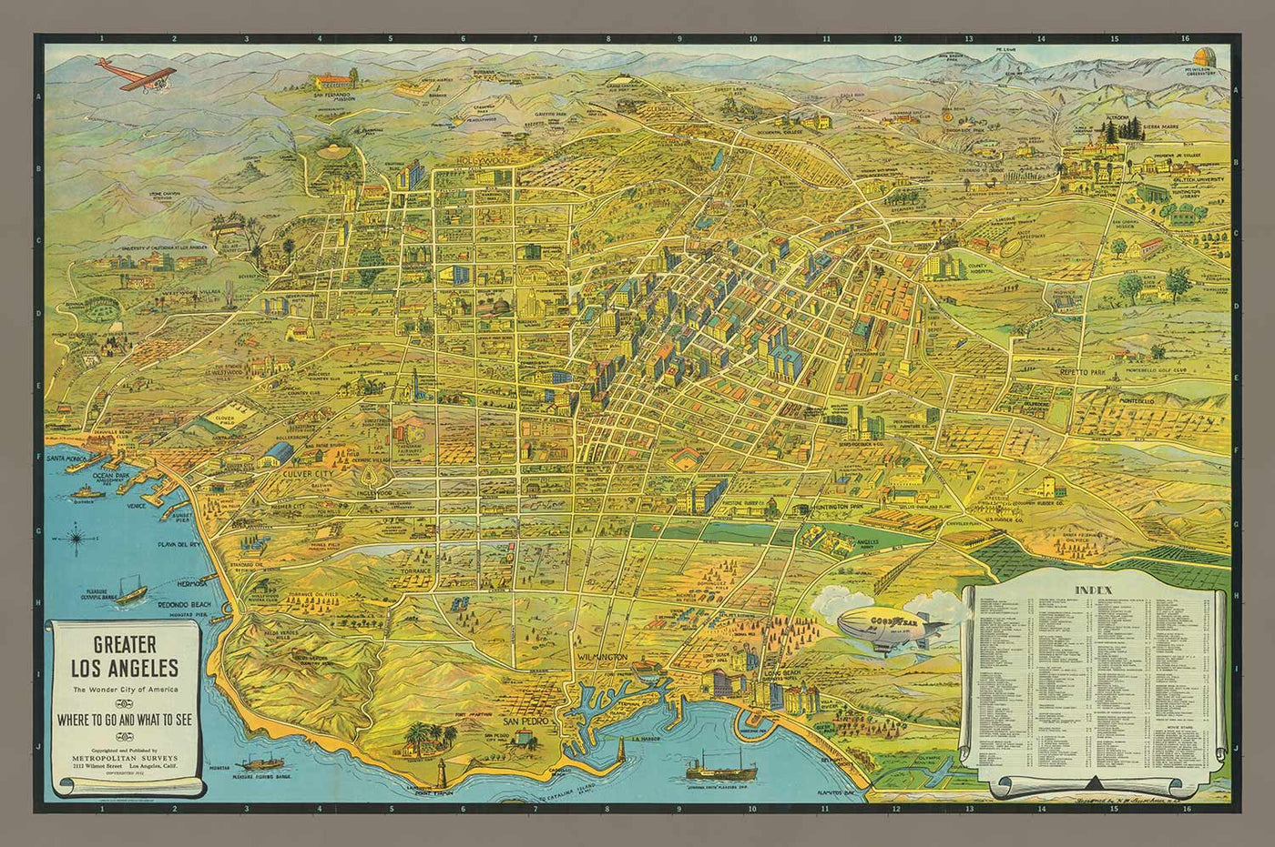 Old Map of Los Angeles, 1932 - Pictorial Summer Olympics Chart - Beaches, Hollywood, Downtown, Pasadena