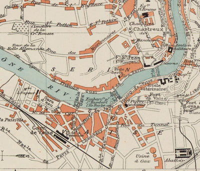 Old Map of Lyon, France in 1888 by Louis-Francois - La Basilique Notre Dame, River Rhone, Saone, Parc de la Tete d'Or, Place des Terreaux