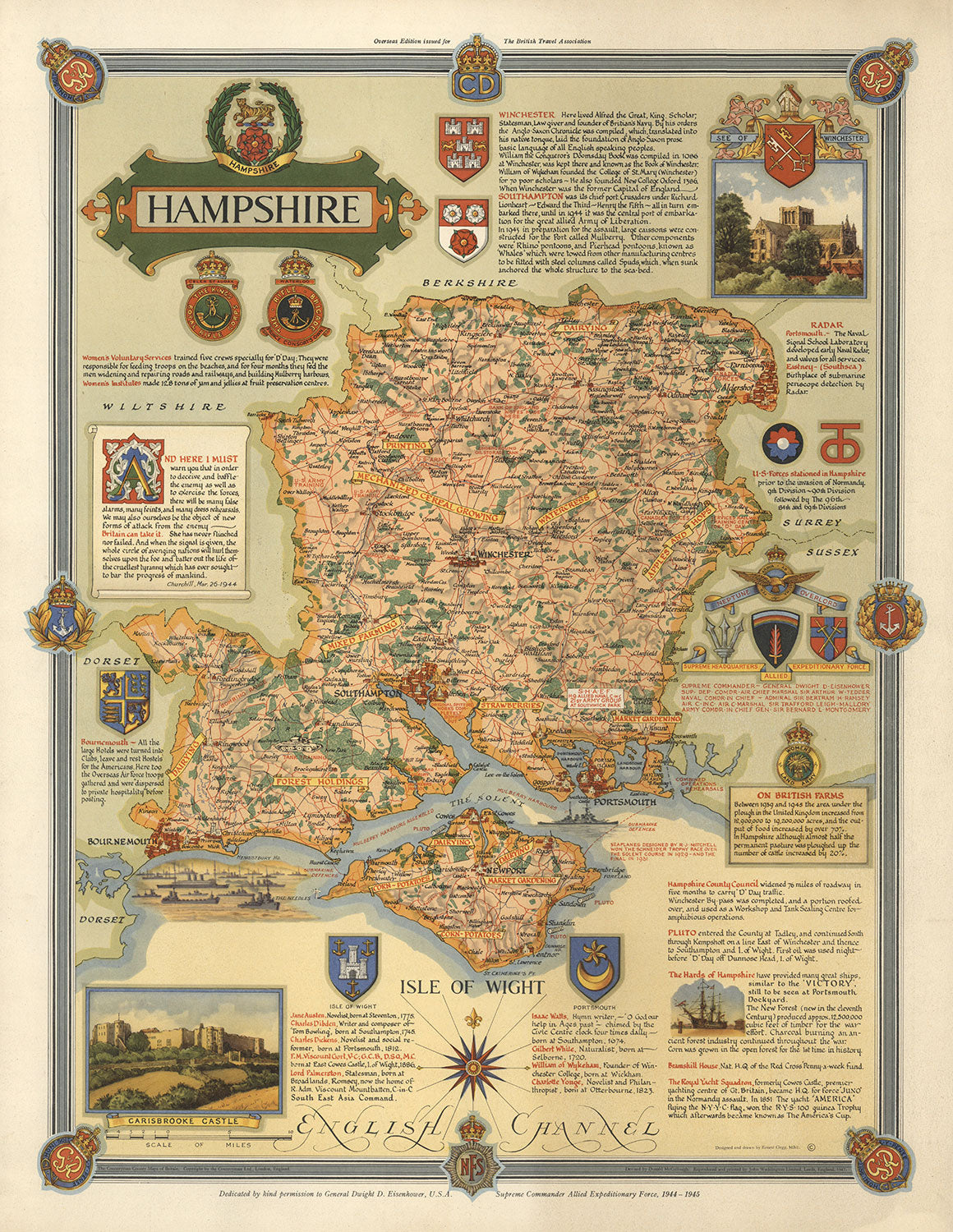 Alte Karte von Hampshire im Jahr 1947 von Ernest Clegg - Southampton, Isle of Wight, Portsmouth, Bournemouth, Winchester