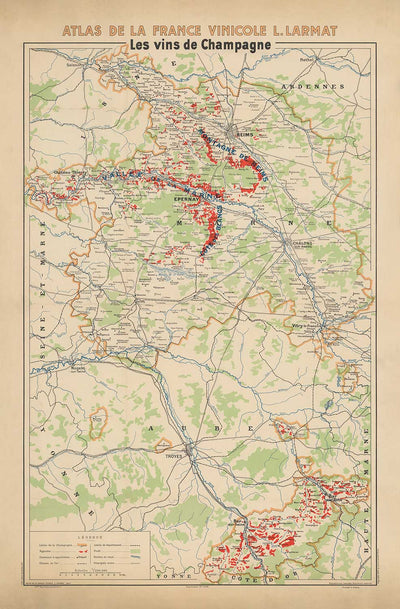 Old Champagne Vineyard Map, France, 1944 by Louis Larmat - Reims, Epernay, Troyes, Chatau-Thierry, Bar-Sur-Seine