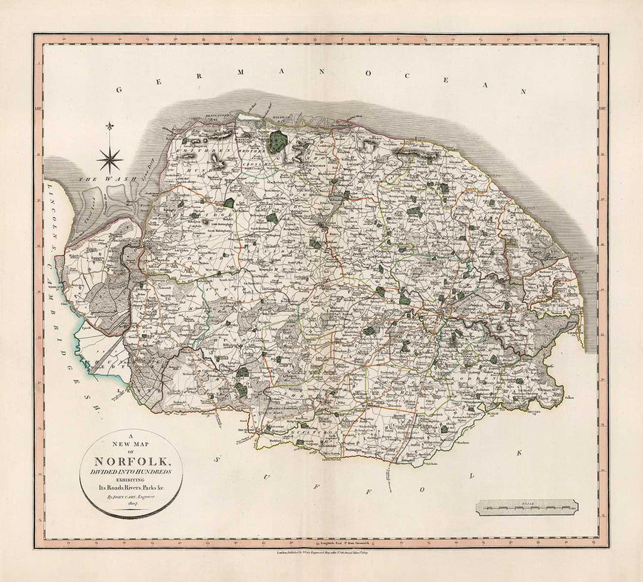 Antica mappa del Norfolk nel 1807 di John Cary - Norwich, Cromer, Great Yarmouth, Thetford, King&