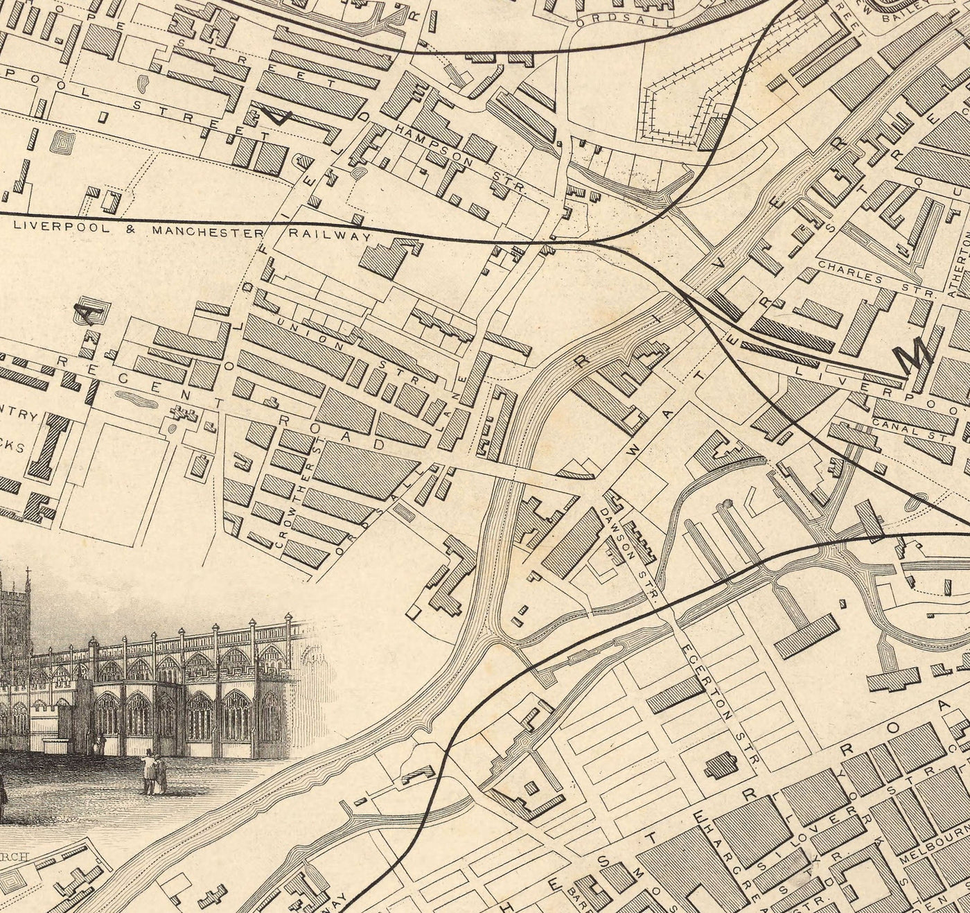 Old Map of Manchester and Environs by John Rapkin, 1851 - Town Hall, Royal Infirmary, Train Stations