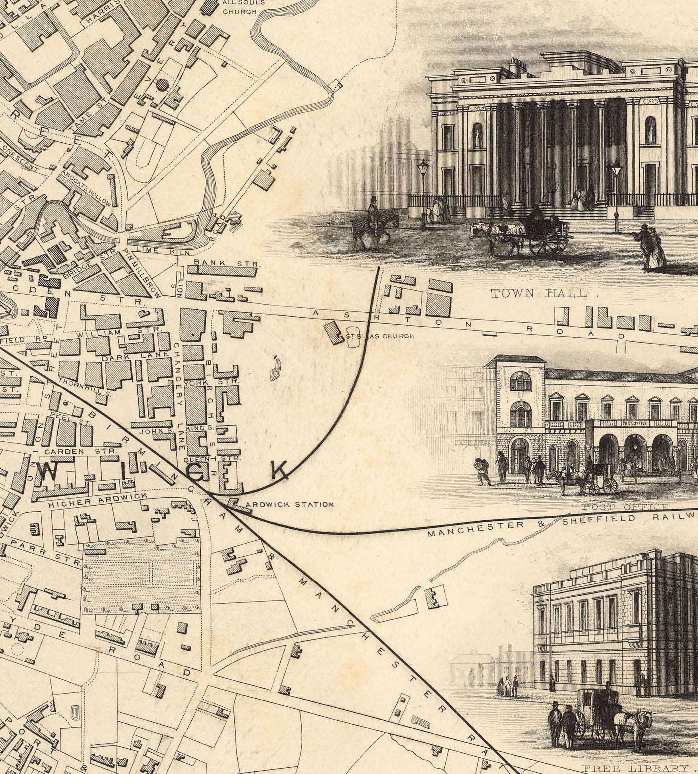 Old Map of Manchester and Environs by John Rapkin, 1851 - Town Hall, Royal Infirmary, Train Stations