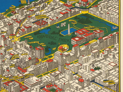 Old Pictorial Map of Manhattan, New York City, 1928 by Farrow - Washington Heights, Bridges