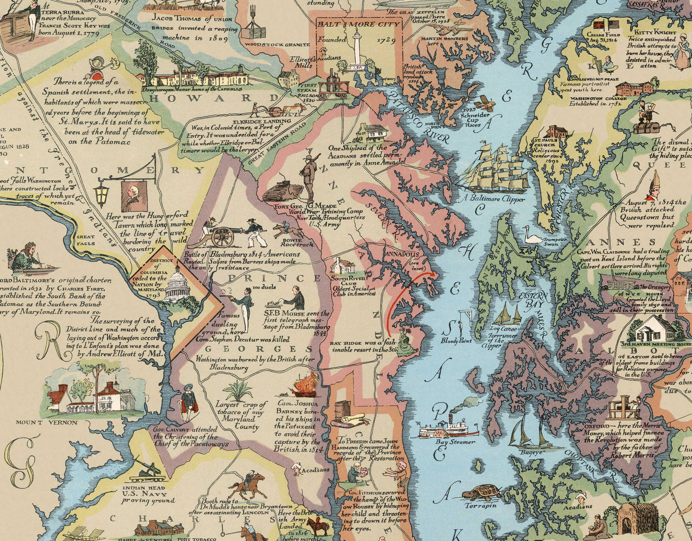 Old Historical Map of Maryland in 1931 by Edward Tunis - Baltimore, An ...