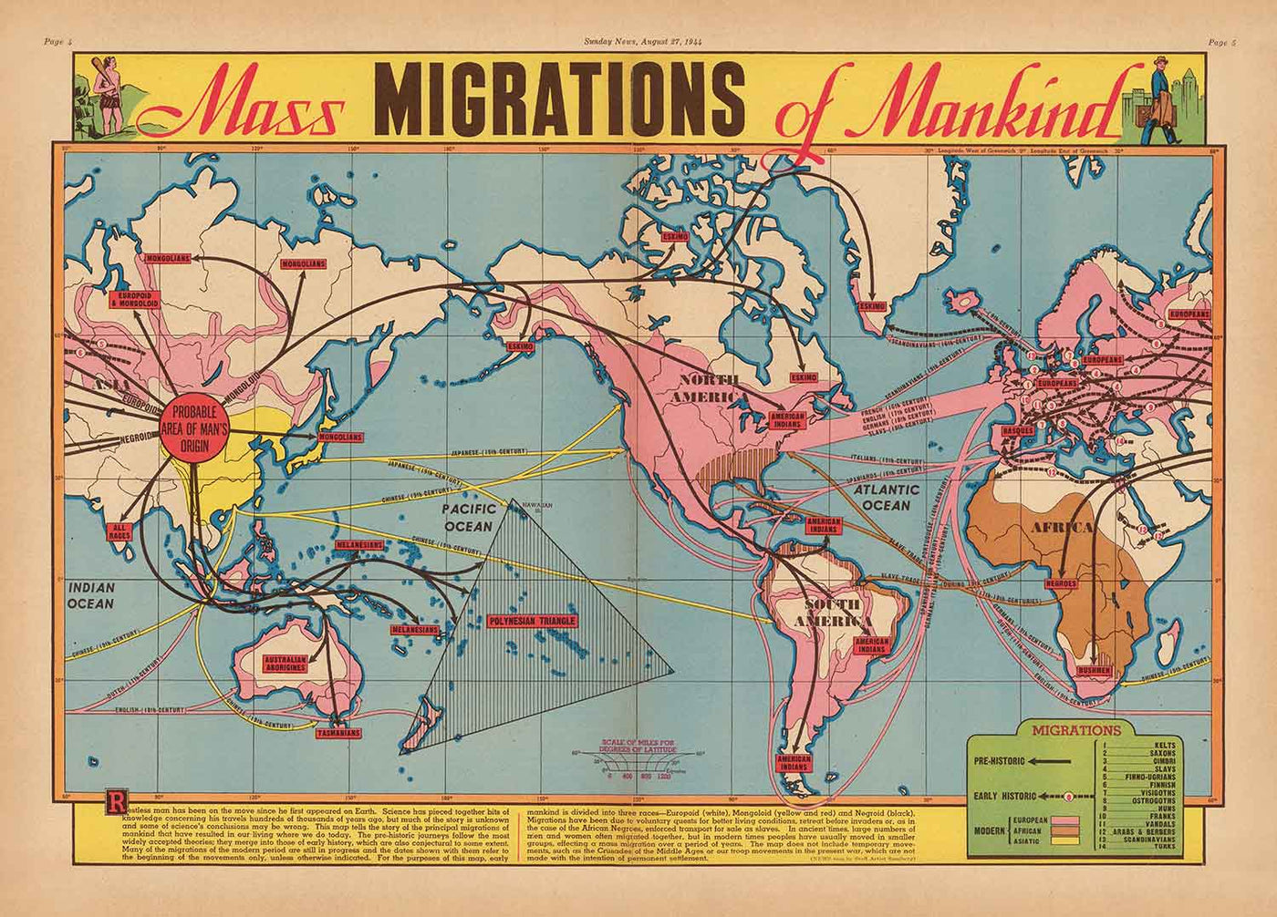 Old Map of Mass Migrations of Mankind, 1944 by Edwin Sundberg - Out of Asia Origin Theory, Slave Trade, Prehistoric Civilisation