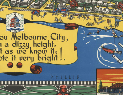 Old Map of Melbourne, Victoria by John Power Studios, 1934 - Downtown, Train Station, Parks, Zoo, Beach, Yarra River
