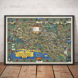 Mappa antica di Melbourne, Victoria di John Power Studios, 1934 - Centro, Stazione ferroviaria, Parchi, Zoo, Spiaggia, Fiume Yarra 