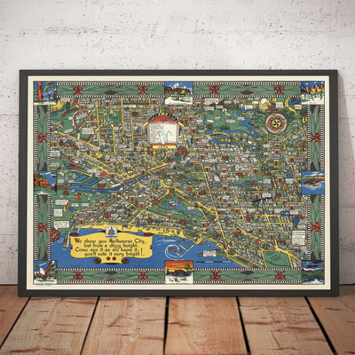 Old Map of Melbourne, Victoria by John Power Studios, 1934 - Downtown, Train Station, Parks, Zoo, Beach, Yarra River
