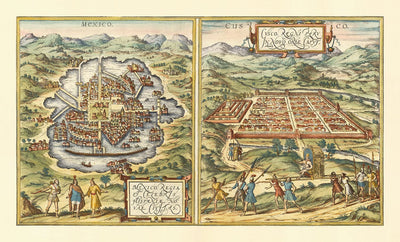Old Map of Mexico City & Cusco, 1572 by Georg Braun - Aztec, Peru, Texcoco, Tenochtitlan, Spanish Colonialism