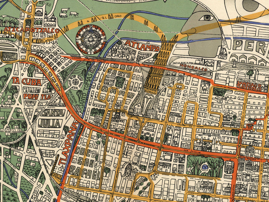 Mappa antica di Città del Messico nel 1932 di Emily Edwards - Tacubaya, Roma, Peralvillo, Coyoacan, Colonia Obrera 