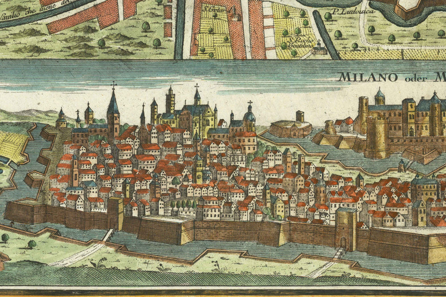Mappa antica di Milano, Italia nel 1730 di Seutter - San Carlo al Lazzaretto, Castello Sforzesco, Duomo, Basilica di Sant&