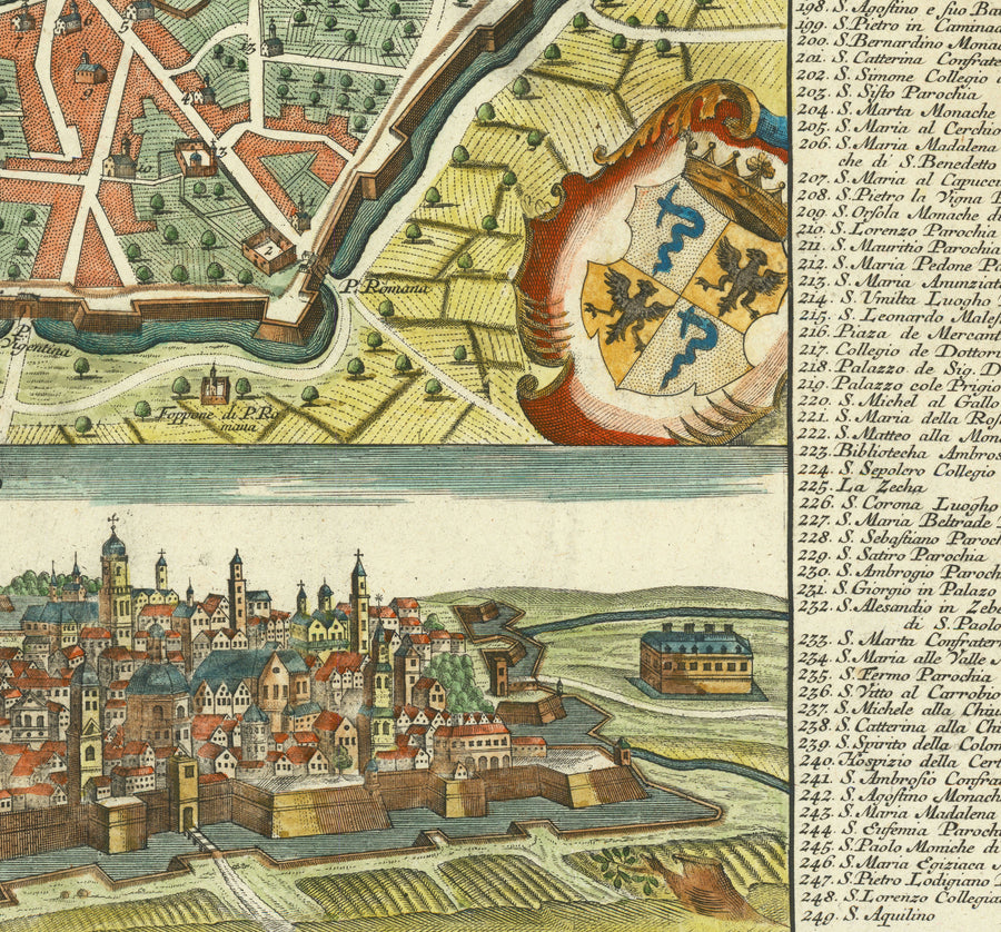 Mappa antica di Milano, Italia nel 1730 di Seutter - San Carlo al Lazzaretto, Castello Sforzesco, Duomo, Basilica di Sant&