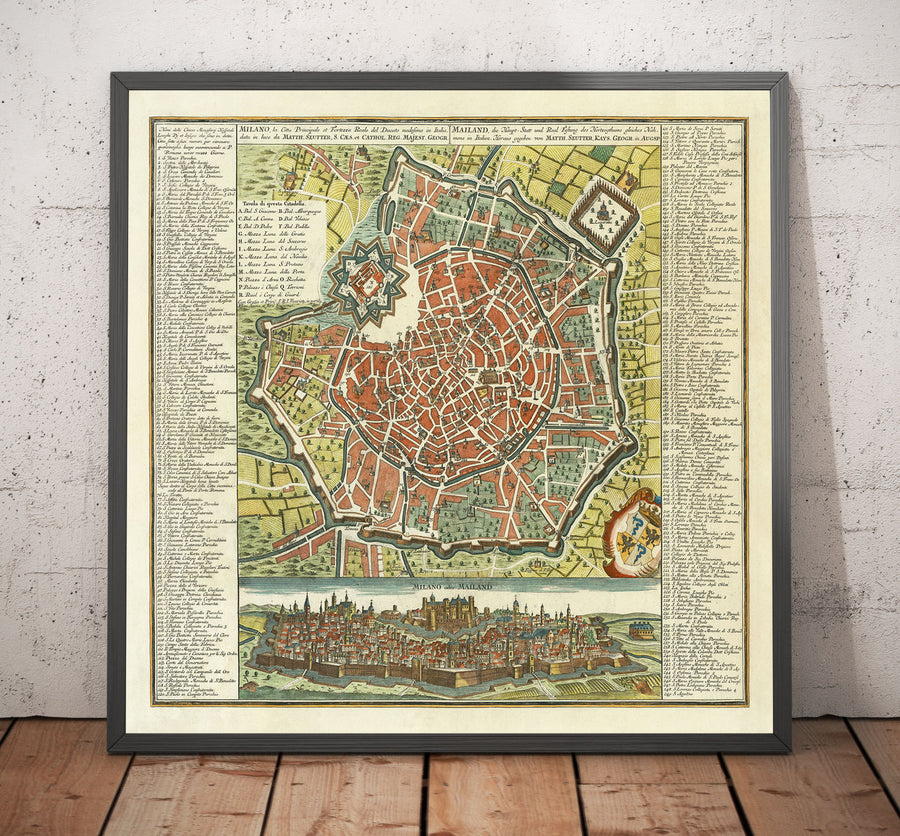 Mappa antica di Milano, Italia nel 1730 di Seutter - San Carlo al Lazzaretto, Castello Sforzesco, Duomo, Basilica di Sant&