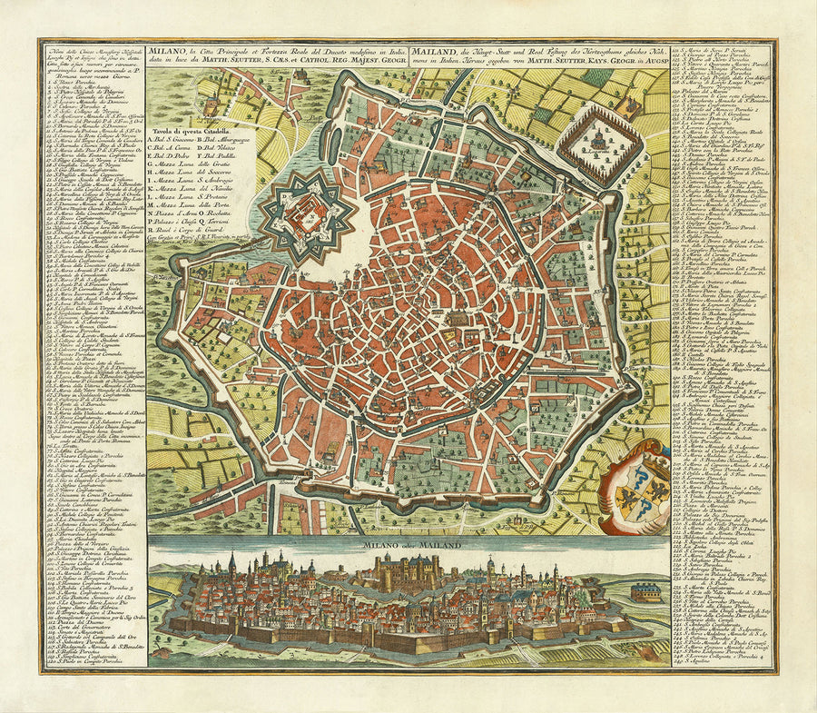 Mappa antica di Milano, Italia nel 1730 di Seutter - San Carlo al Lazzaretto, Castello Sforzesco, Duomo, Basilica di Sant&