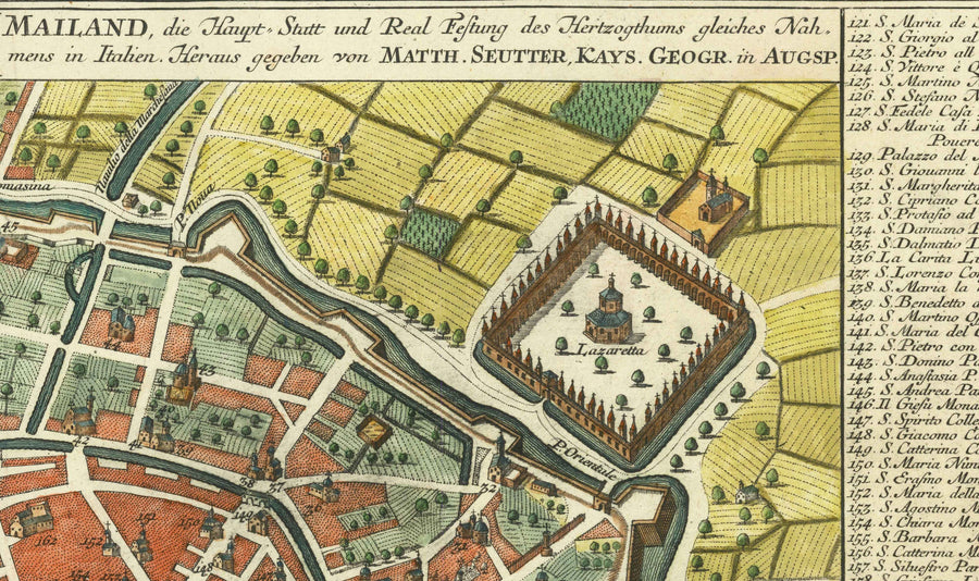 Mappa antica di Milano, Italia nel 1730 di Seutter - San Carlo al Lazzaretto, Castello Sforzesco, Duomo, Basilica di Sant&