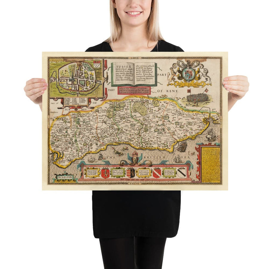 Mappa antica del Sussex nel 1611 di John Speed - Worthing, Crawley, Brighton, Bognor, Eastbourne 