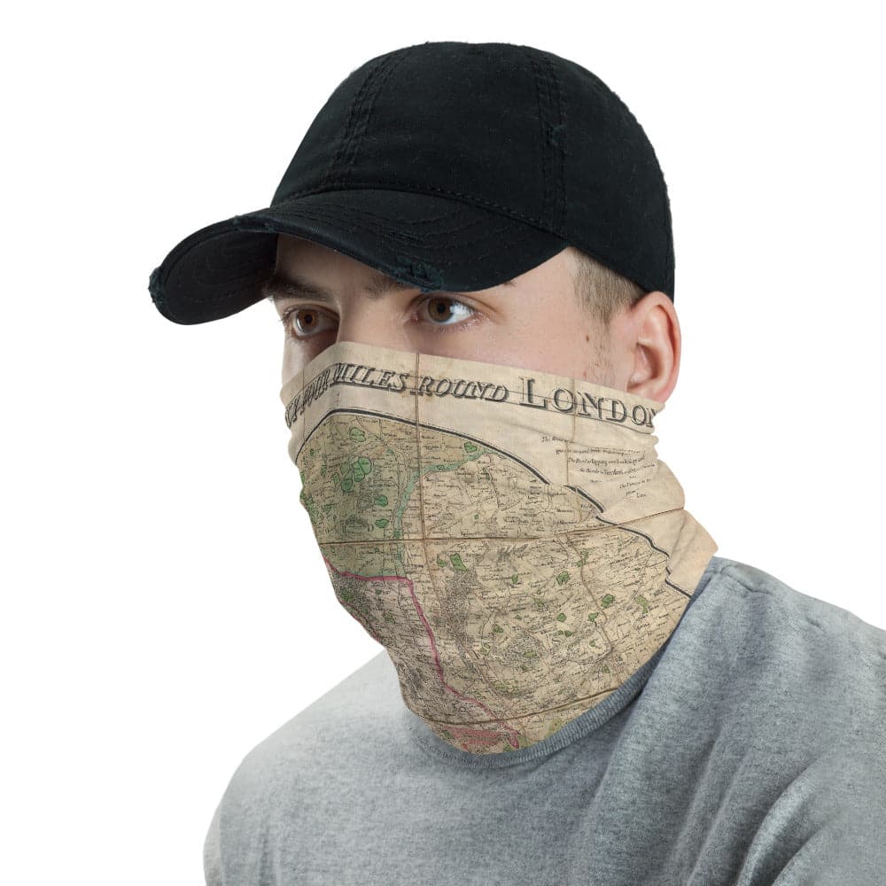 London Face Mask / Neck Gaiter with vintage map print of Mogg's 24 miles around London, 1820