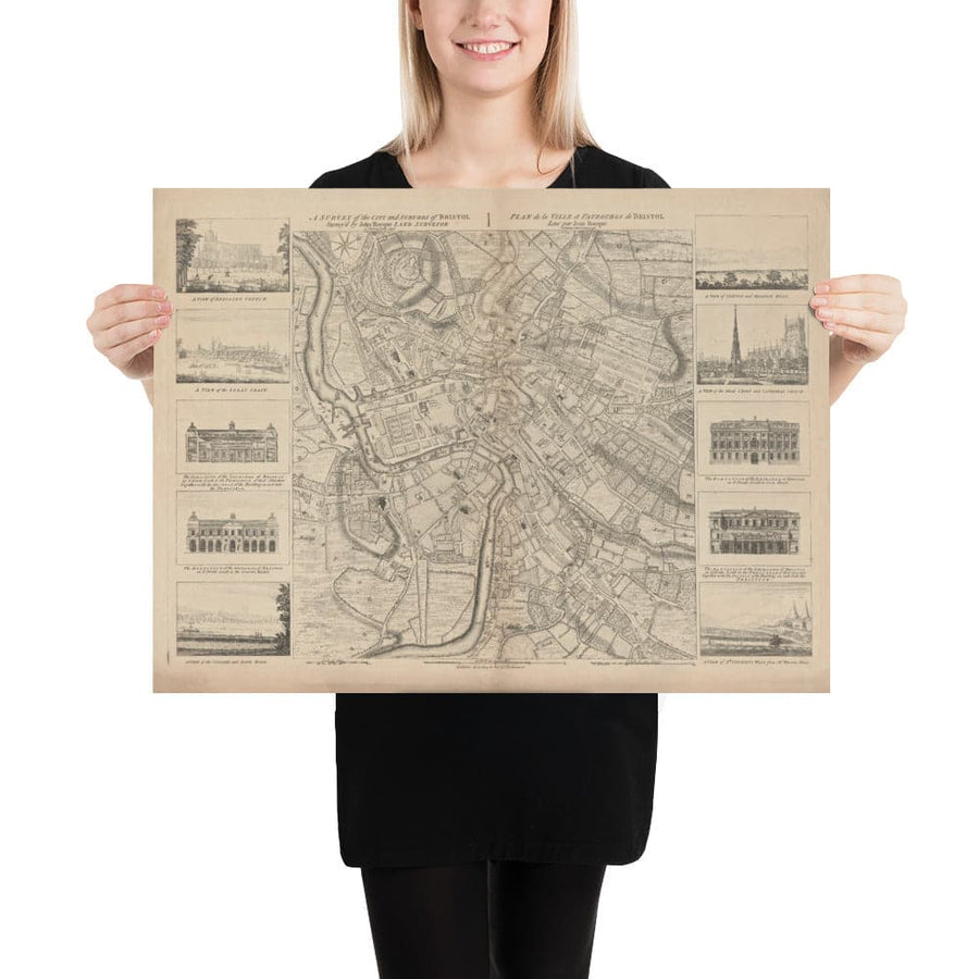 Antica mappa di Bristol nel 1750 di John Rocque - Clifton, Kingsdown, Redcliffe, mappa della città della cattedrale 