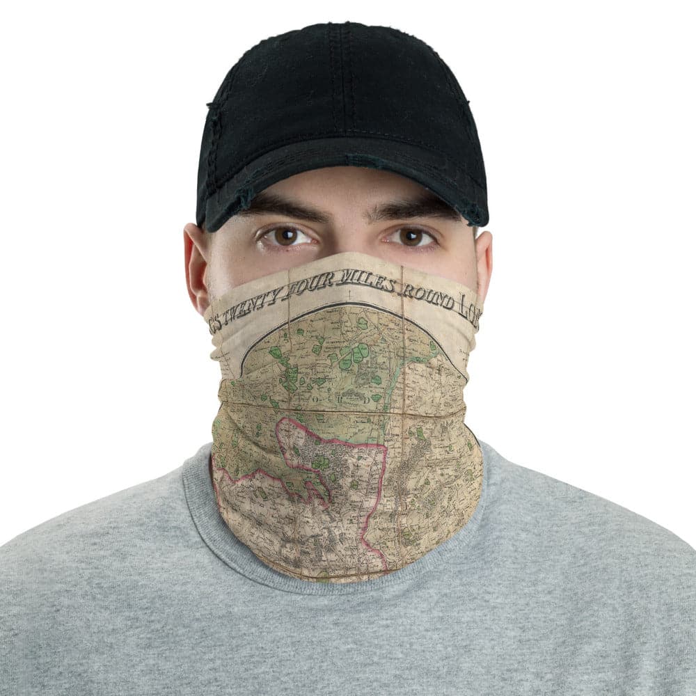 London Face Mask / Neck Gaiter with vintage map print of Mogg's 24 miles around London, 1820