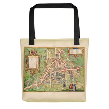 Sac fourre-tout Cambridge avec carte historique de Cambridge (Cantebrigia) et de ses anciens collèges en 1575 par George Braun