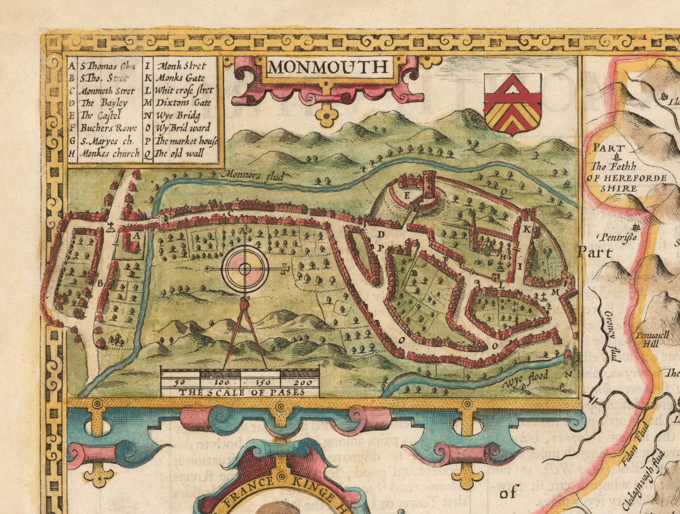 Old Map of Monmouthshire, Wales, 1611 by John Speed - Abergavenny, Caldicot, Chepstow, Monmouth, Magor