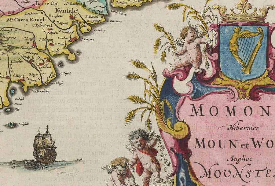 Antica mappa del Munster, Irlanda nel 1665 di Joan Blaeu - Contea di Cork, Clare, Kerry, Limerick, Tipperary, Sud Ovest Eire 