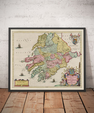 Alte Karte von Munster, Irland, 1665 von Joan Blaeu - County Cork, Clare, Kerry, Limerick, Tipperary, Südwest-Eire 
