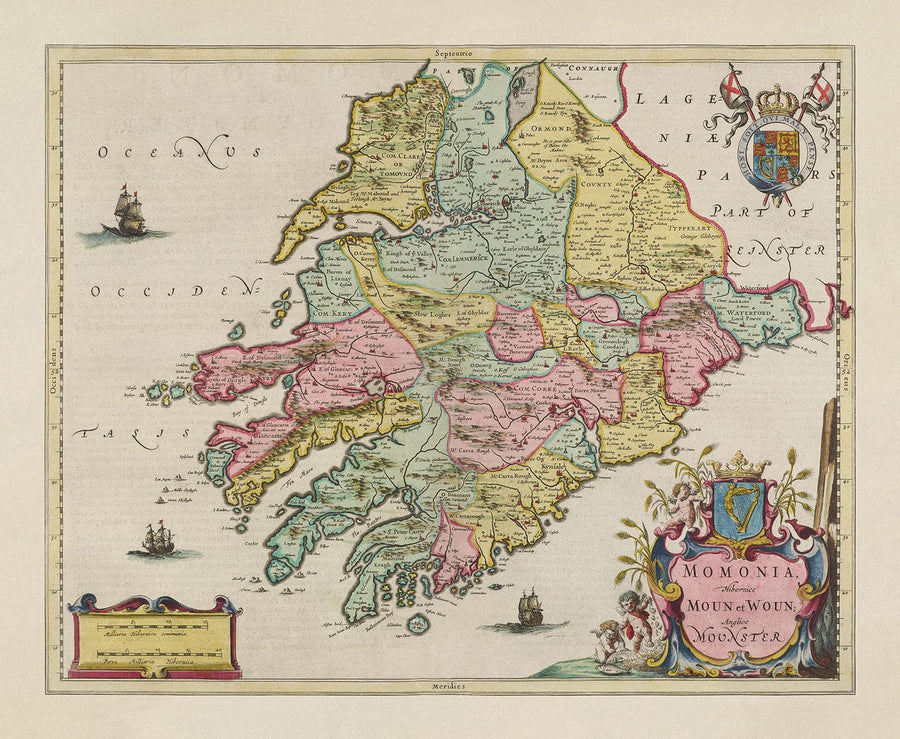 Antica mappa del Munster, Irlanda nel 1665 di Joan Blaeu - Contea di Cork, Clare, Kerry, Limerick, Tipperary, Sud Ovest Eire 