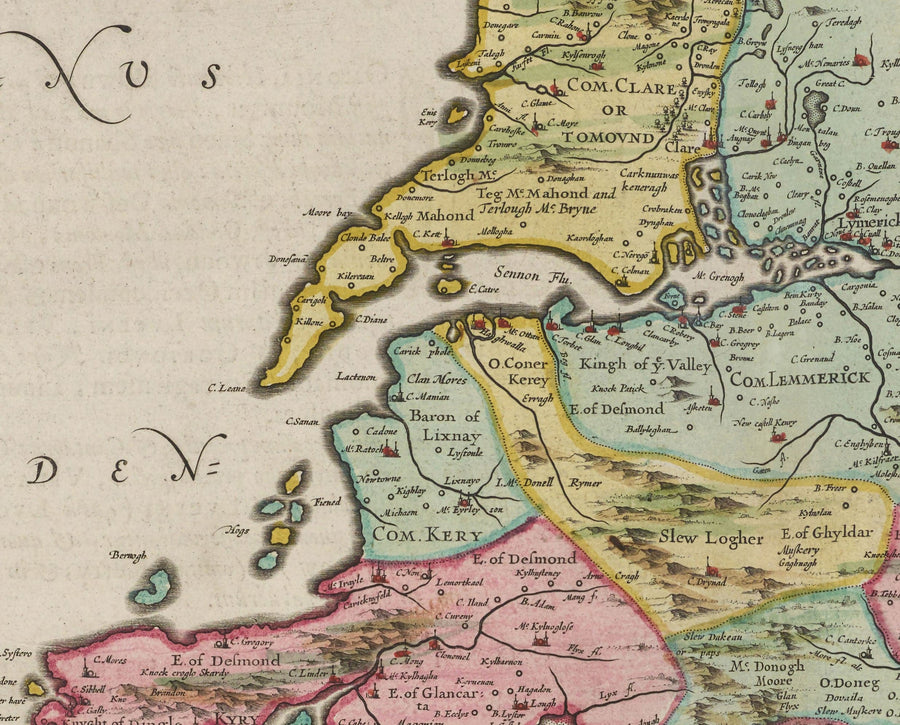 Antica mappa del Munster, Irlanda nel 1665 di Joan Blaeu - Contea di Cork, Clare, Kerry, Limerick, Tipperary, Sud Ovest Eire 