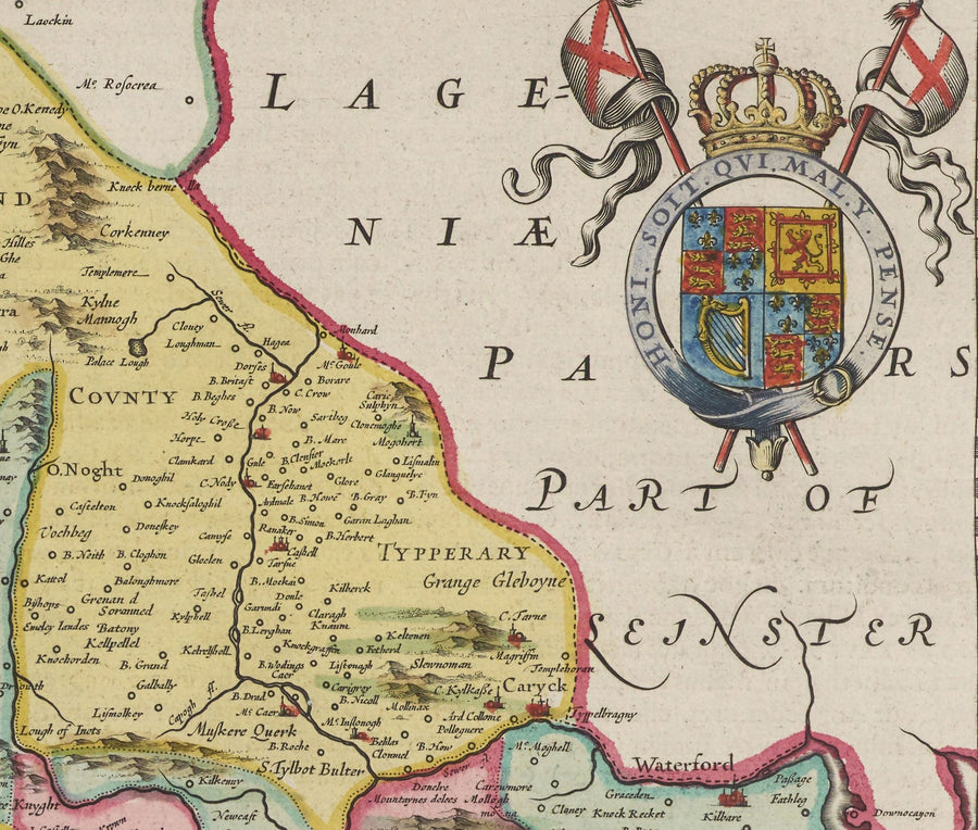 Antica mappa del Munster, Irlanda nel 1665 di Joan Blaeu - Contea di Cork, Clare, Kerry, Limerick, Tipperary, Sud Ovest Eire 